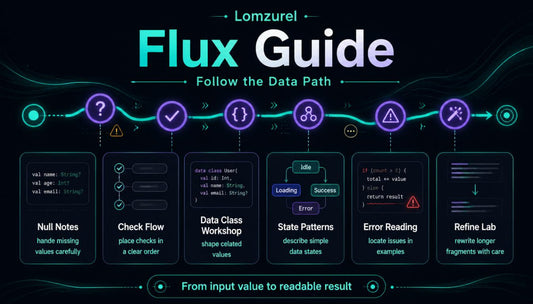 Lomzurel Flux Guide with icons and text on a dark background
