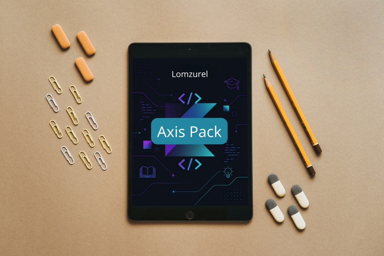 Tablet displaying 'Lomzurel Axis Pack' on a brown surface with pencils, paper clips, and small containers.