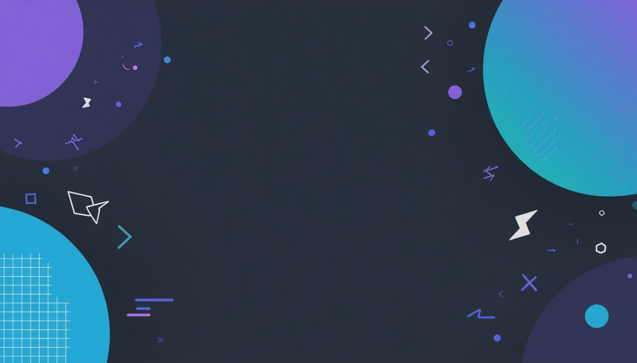 Geometric shapes and lines on a dark background with blue and purple elements