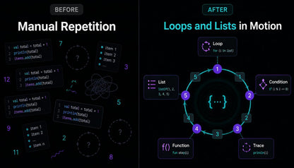 Comparison of code with manual repetition on the left and loops and lists in motion on the right.