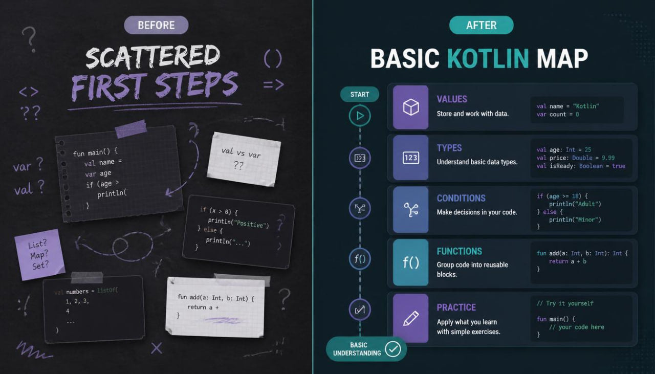 Before-and-after comparison of a educational map on Kotlin programming.