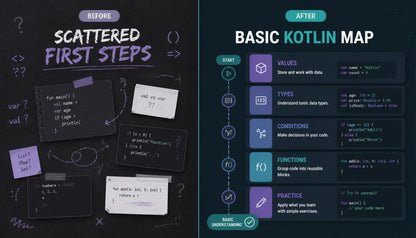 Before-and-after comparison of a educational map on Kotlin programming.