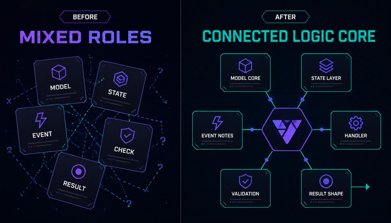 Diagram comparing 'Before' mixed roles to 'After' connected logic core on a dark background.