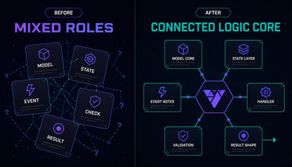 Diagram comparing 'Before' mixed roles to 'After' connected logic core on a dark background.