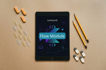 Tablet displaying 'Flow Module' on a brown surface with office supplies.