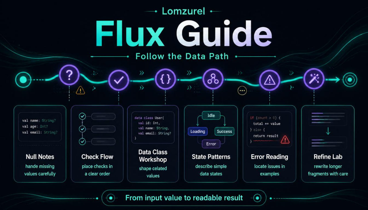 Lomzurel Flux Guide with icons and text on a dark background