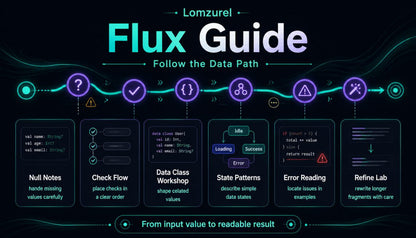 Lomzurel Flux Guide with icons and text on a dark background