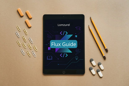 Tablet displaying 'Lomzurel Flux Guide' on a brown surface with pencils, paper clips, and small containers.