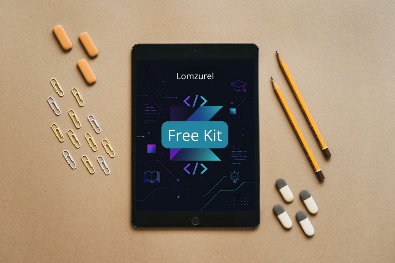 Tablet with Lomzurel Free Kit on screen, surrounded by office supplies on a brown background