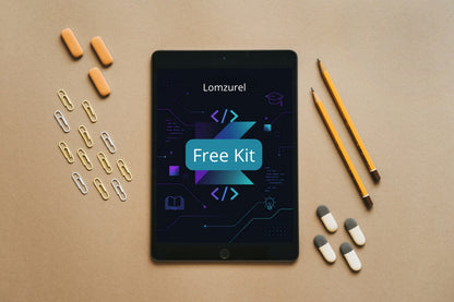 Tablet with Lomzurel Free Kit on screen, surrounded by office supplies on a brown background