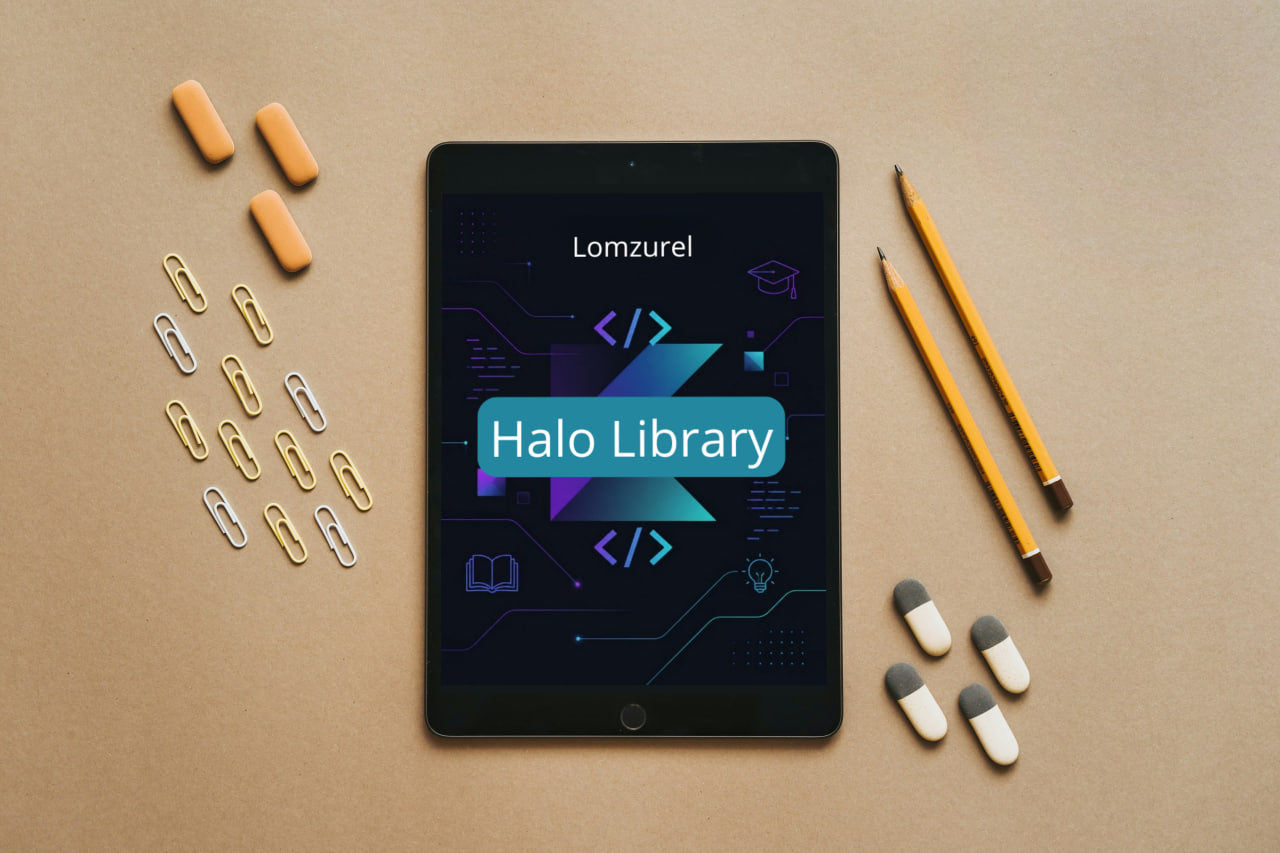 Tablet displaying 'Lomzurel Halo Library' on a brown surface with pencils, paper clips, and small containers.