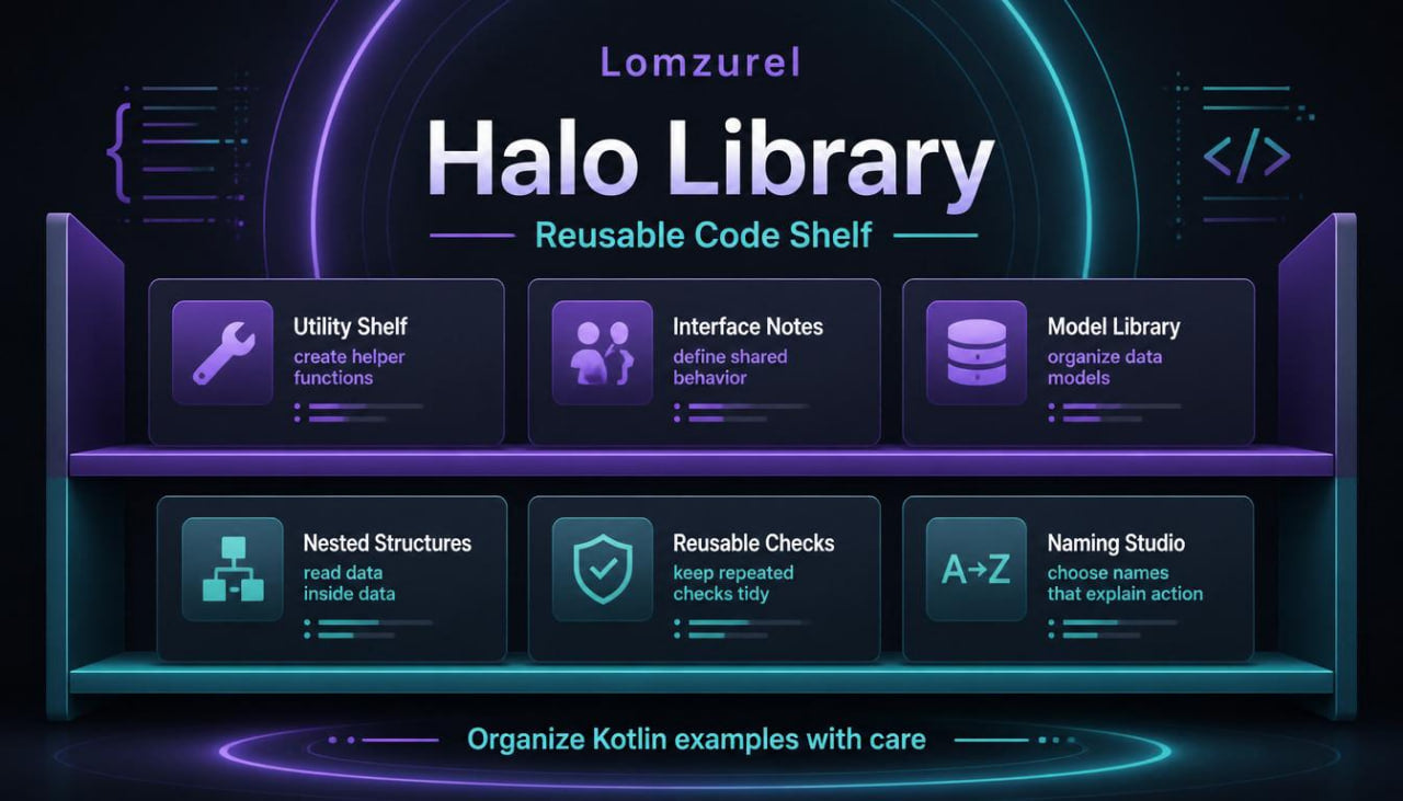 Lomzurel Halo Library reusable code shelf with various categories on a dark background