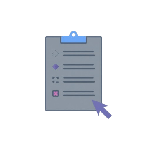 Icon of a clipboard with a purple arrow pointing to it on a white background