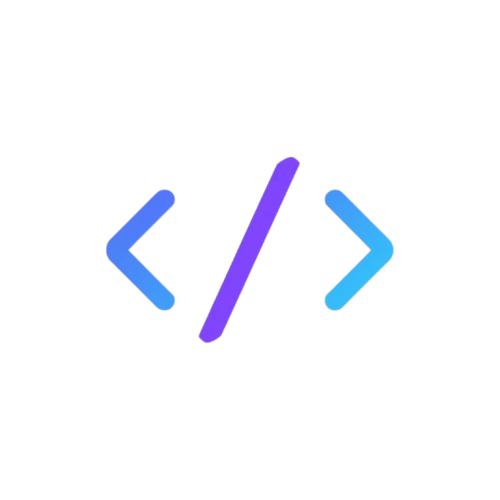 Symbolic representation of a code editor with blue left and right arrowheads and a purple line in the center on a white background.