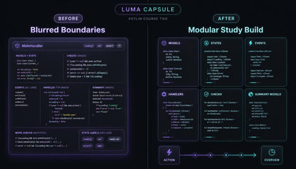 Before and after comparison of a software interface redesign with Luma Capsule branding.