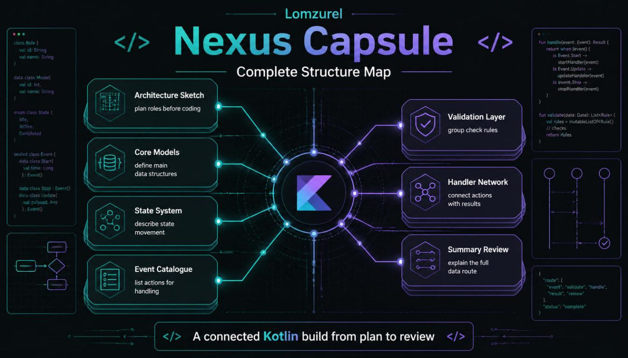 Diagram of Lomzurel Nexus Capsule complete structure map with Kotlin logo on a dark background