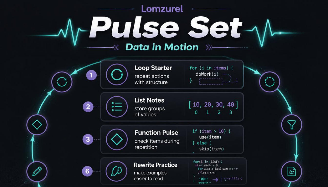 Lomzurel Pulse Set interface with text and icons on a dark background