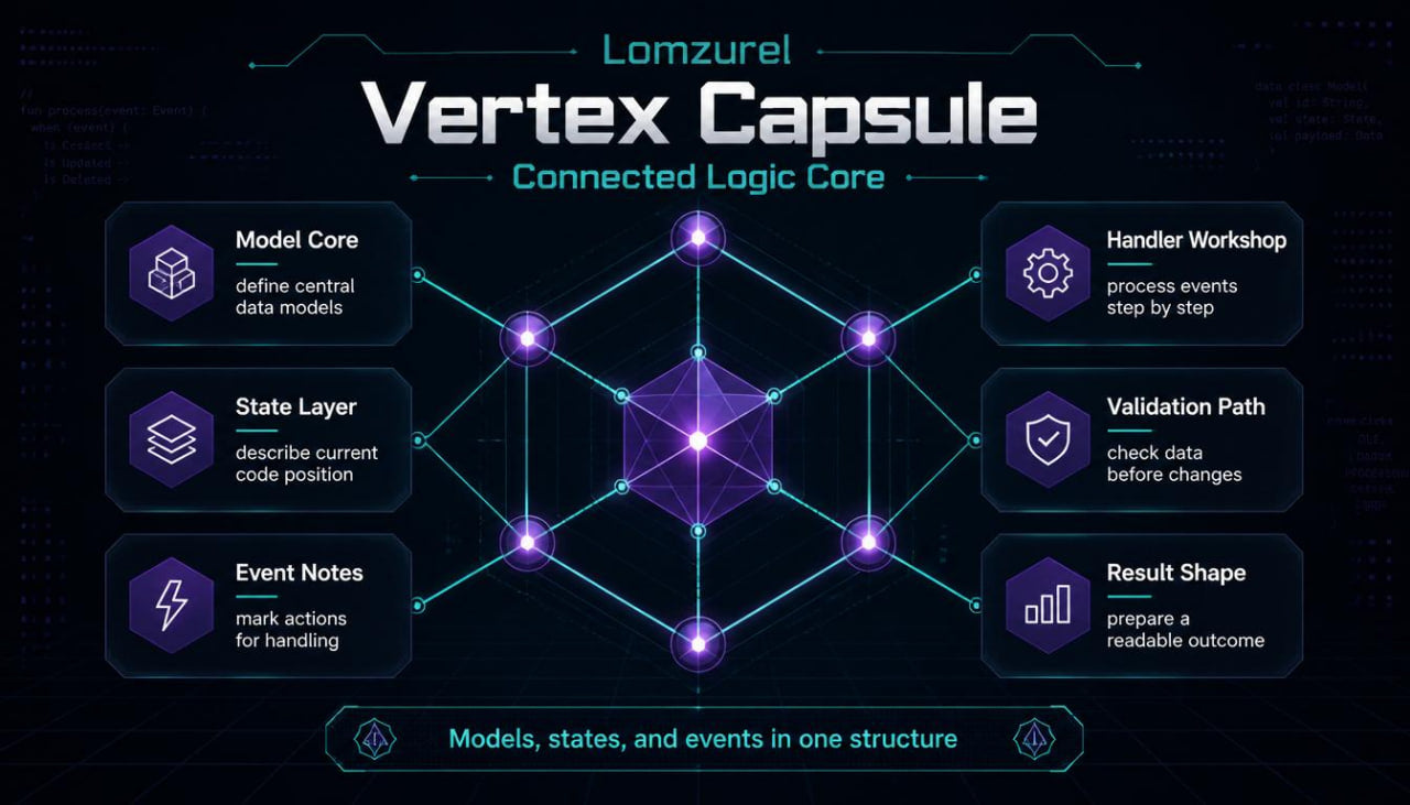 Diagram of Lomzurel Vertex Capsule with interconnected components on a dark background