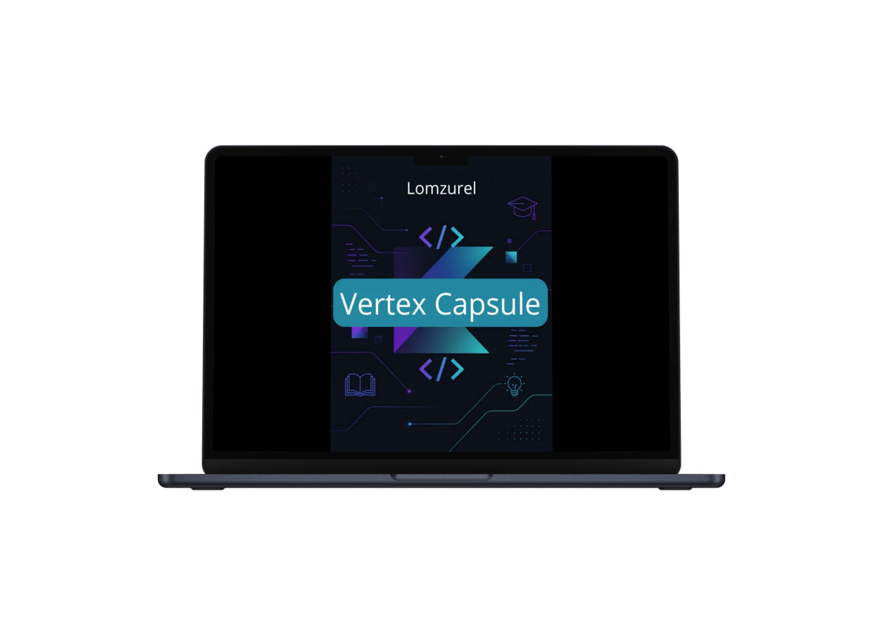 Laptop displaying a software interface with 'Lomiture' and 'Vertex Capsule' text on a white background