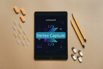 Tablet displaying 'Vertex Capsule' on a brown surface with pencils, paper clips, and small capsules.